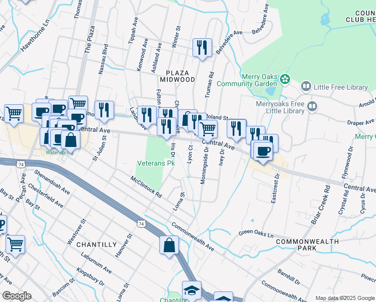 map of restaurants, bars, coffee shops, grocery stores, and more near 1500 Lyon Court in Charlotte