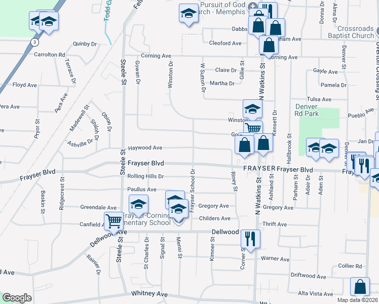 map of restaurants, bars, coffee shops, grocery stores, and more near 1633 Haywood Avenue in Memphis