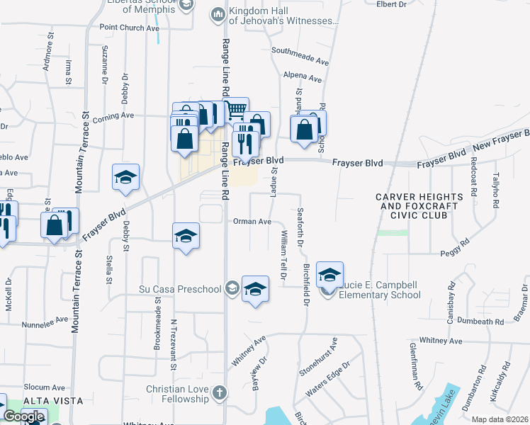 map of restaurants, bars, coffee shops, grocery stores, and more near 3403 Ladue Street in Memphis
