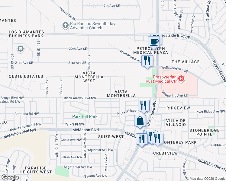 map of restaurants, bars, coffee shops, grocery stores, and more near 2425 Lynn Road Southeast in Rio Rancho