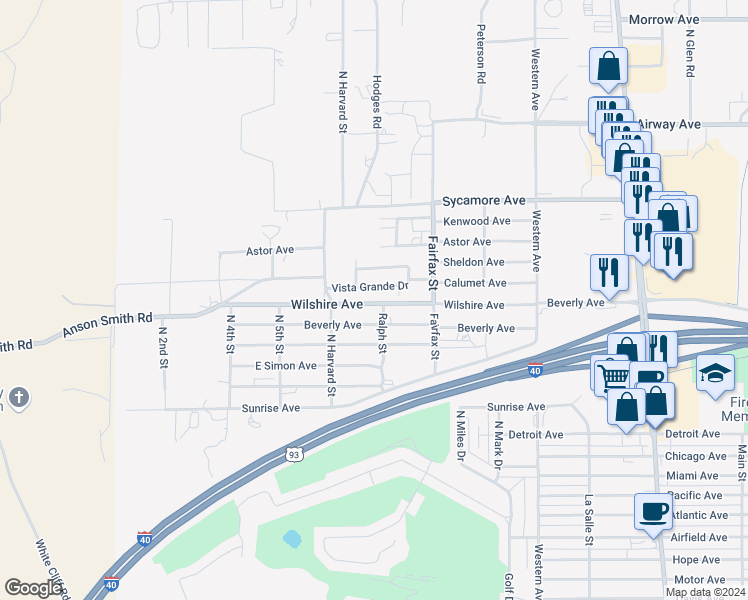 map of restaurants, bars, coffee shops, grocery stores, and more near 706-798 Wilshire Avenue in Kingman