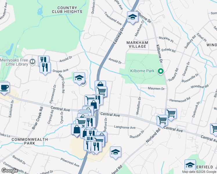 map of restaurants, bars, coffee shops, grocery stores, and more near 1731 Medford Drive in Charlotte