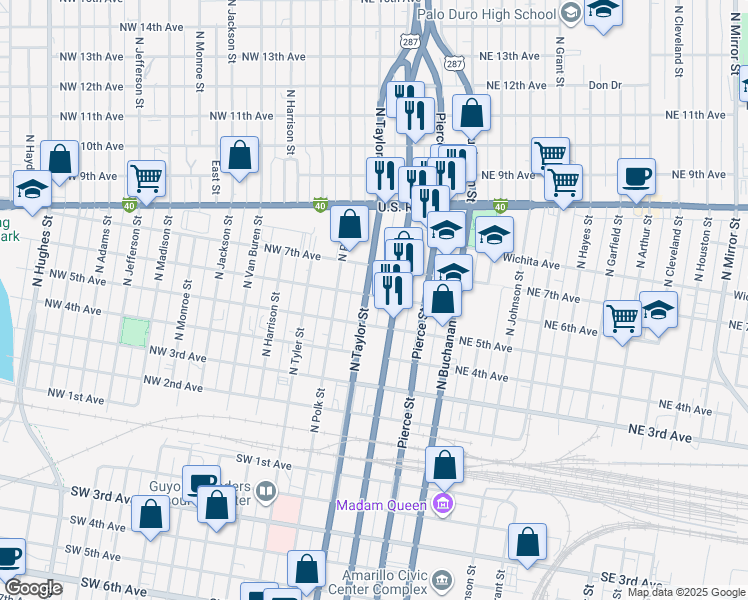 map of restaurants, bars, coffee shops, grocery stores, and more near 512 North Taylor Street in Amarillo