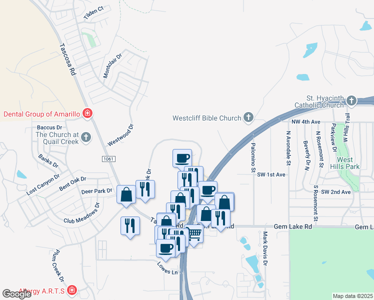 map of restaurants, bars, coffee shops, grocery stores, and more near 5601 Plum Creek Dr in Amarillo
