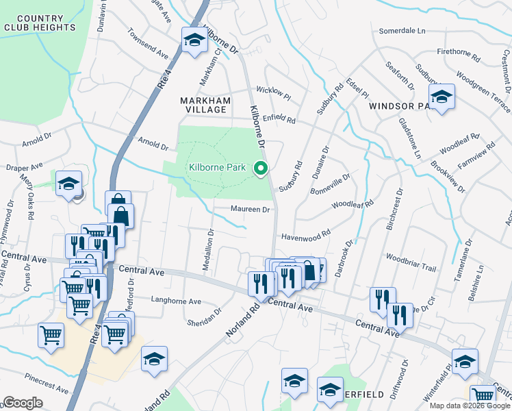 map of restaurants, bars, coffee shops, grocery stores, and more near 3801 Rosehedge Lane in Charlotte