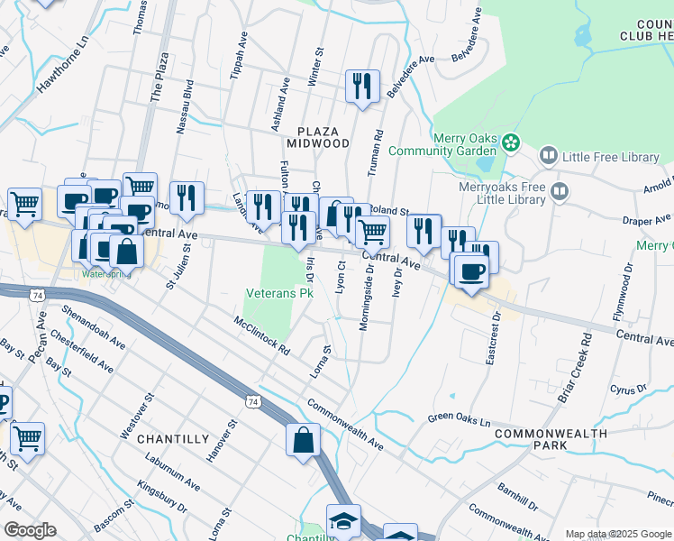 map of restaurants, bars, coffee shops, grocery stores, and more near 1500 Lyon Court in Charlotte