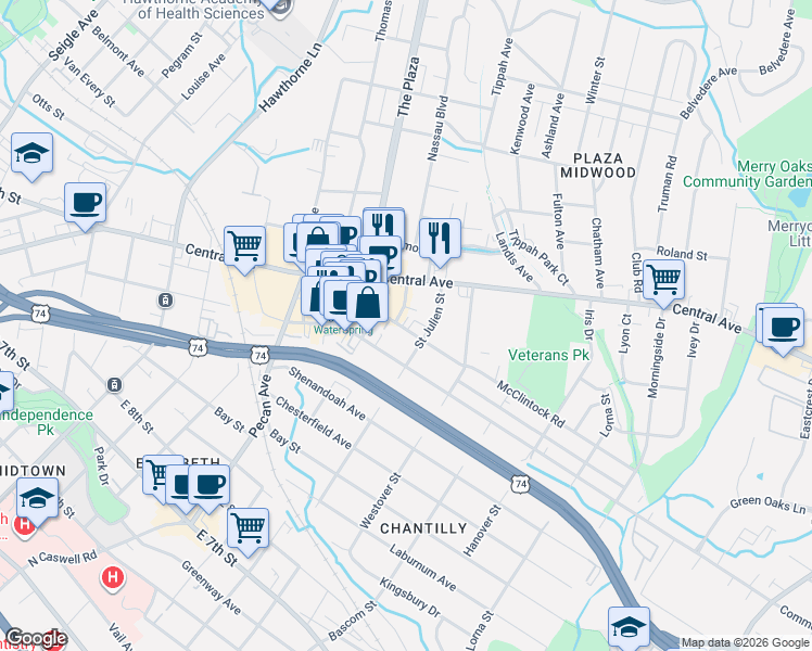 map of restaurants, bars, coffee shops, grocery stores, and more near 2132 McClintock Road in Charlotte