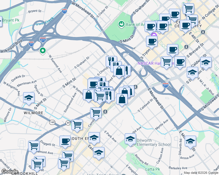 map of restaurants, bars, coffee shops, grocery stores, and more near in Charlotte
