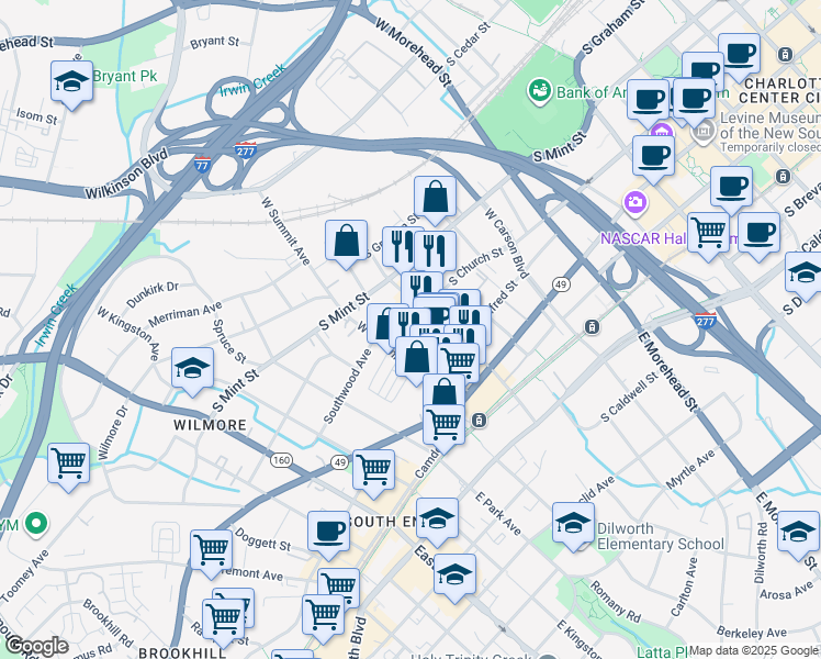 map of restaurants, bars, coffee shops, grocery stores, and more near 1415s South Church Street in Charlotte