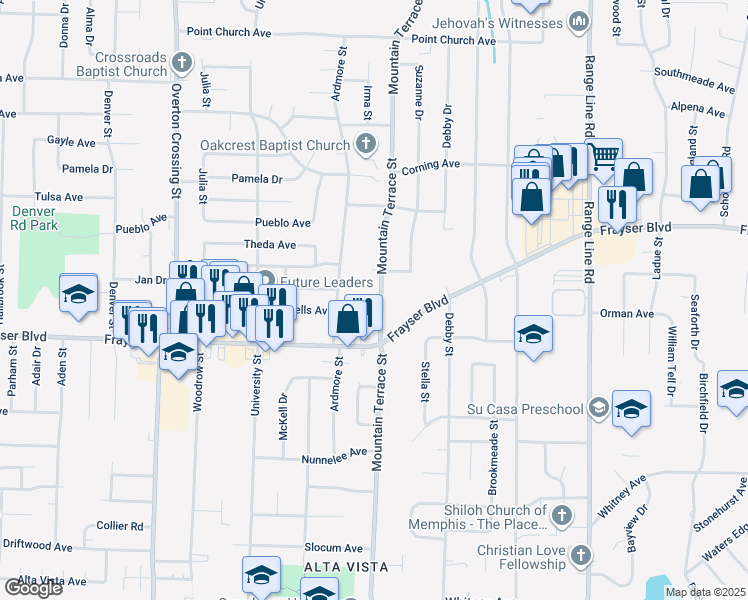 map of restaurants, bars, coffee shops, grocery stores, and more near 3413 Mountain Terrace Street in Memphis
