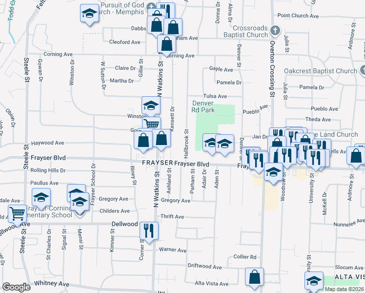 map of restaurants, bars, coffee shops, grocery stores, and more near 3405 Hallbrook Street in Memphis