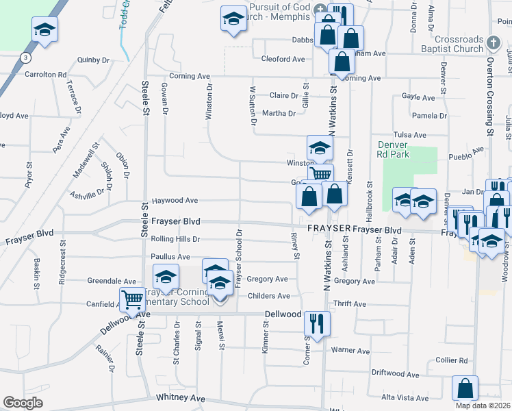 map of restaurants, bars, coffee shops, grocery stores, and more near 1691 Haywood Avenue in Memphis
