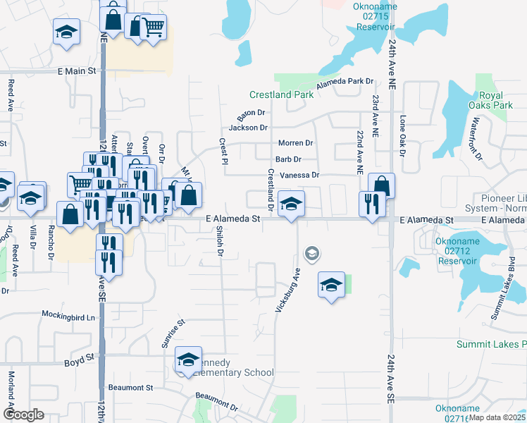 map of restaurants, bars, coffee shops, grocery stores, and more near 1708 Southcrest Drive in Norman