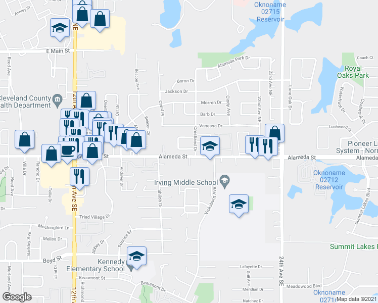 map of restaurants, bars, coffee shops, grocery stores, and more near 1804 Southcrest Drive in Norman
