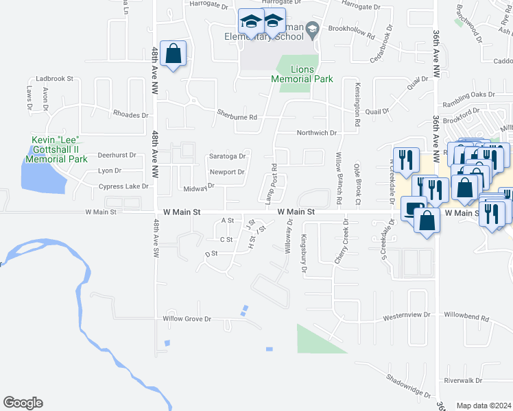 map of restaurants, bars, coffee shops, grocery stores, and more near 4300 West Main Street in Norman