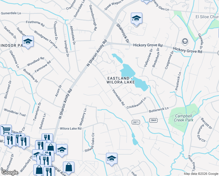 map of restaurants, bars, coffee shops, grocery stores, and more near 4515 Cove Ridge Lane in Charlotte
