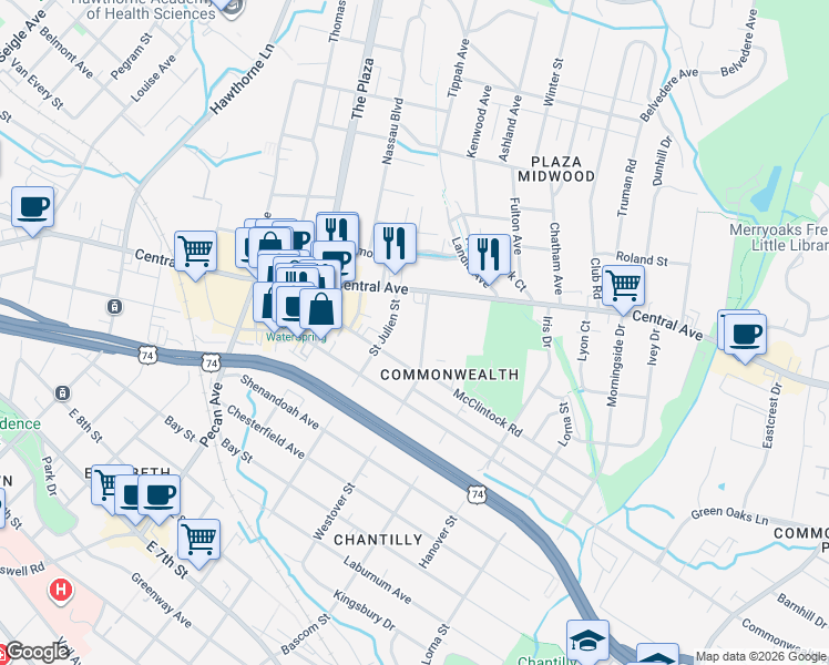 map of restaurants, bars, coffee shops, grocery stores, and more near 1314 Saint Julien Street in Charlotte