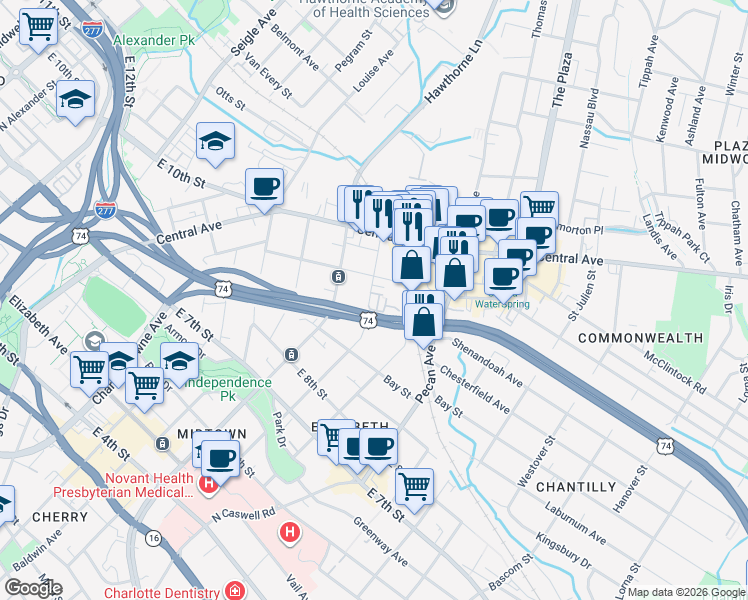 map of restaurants, bars, coffee shops, grocery stores, and more near in Charlotte