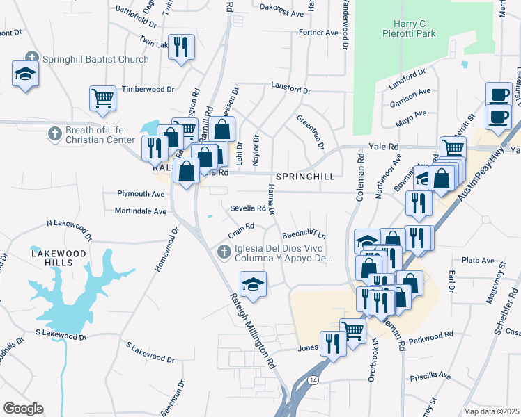 map of restaurants, bars, coffee shops, grocery stores, and more near 4199 Sevella Rd in Memphis
