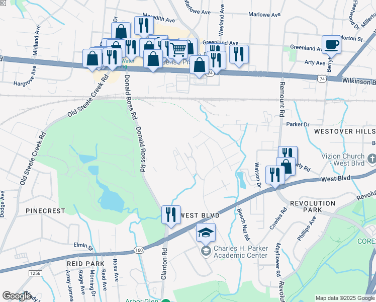 map of restaurants, bars, coffee shops, grocery stores, and more near 2425 Kingspark Drive in Charlotte