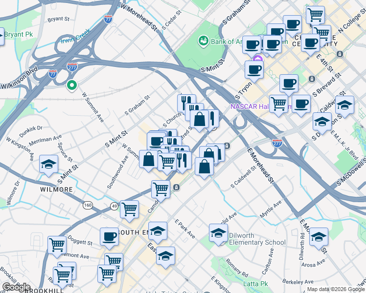 map of restaurants, bars, coffee shops, grocery stores, and more near in Charlotte