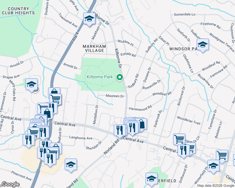 map of restaurants, bars, coffee shops, grocery stores, and more near 3801 Rosehedge Lane in Charlotte