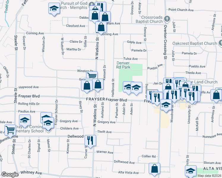 map of restaurants, bars, coffee shops, grocery stores, and more near 3405 Hallbrook Street in Memphis