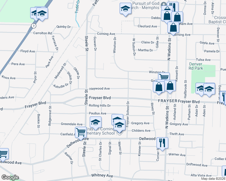 map of restaurants, bars, coffee shops, grocery stores, and more near 1579 Haywood Avenue in Memphis