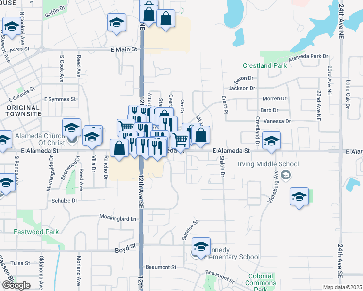 map of restaurants, bars, coffee shops, grocery stores, and more near 1326 Alameda Street in Norman