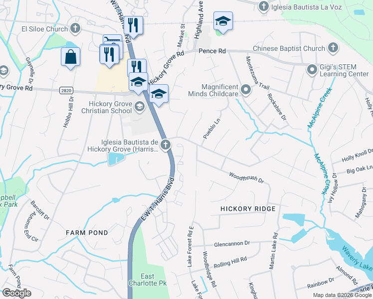 map of restaurants, bars, coffee shops, grocery stores, and more near 7551 Petrea Lane in Charlotte
