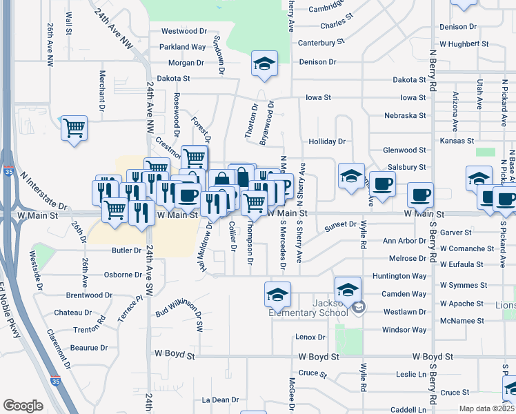 map of restaurants, bars, coffee shops, grocery stores, and more near 1901 West Main Street in Norman