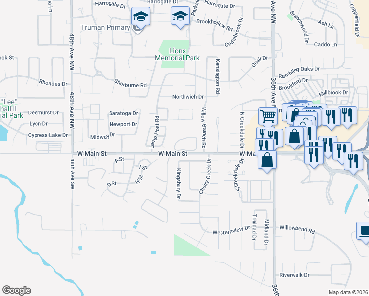 map of restaurants, bars, coffee shops, grocery stores, and more near 4109 West Main Street in Norman