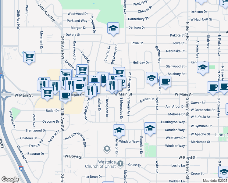 map of restaurants, bars, coffee shops, grocery stores, and more near 1901 West Main Street in Norman
