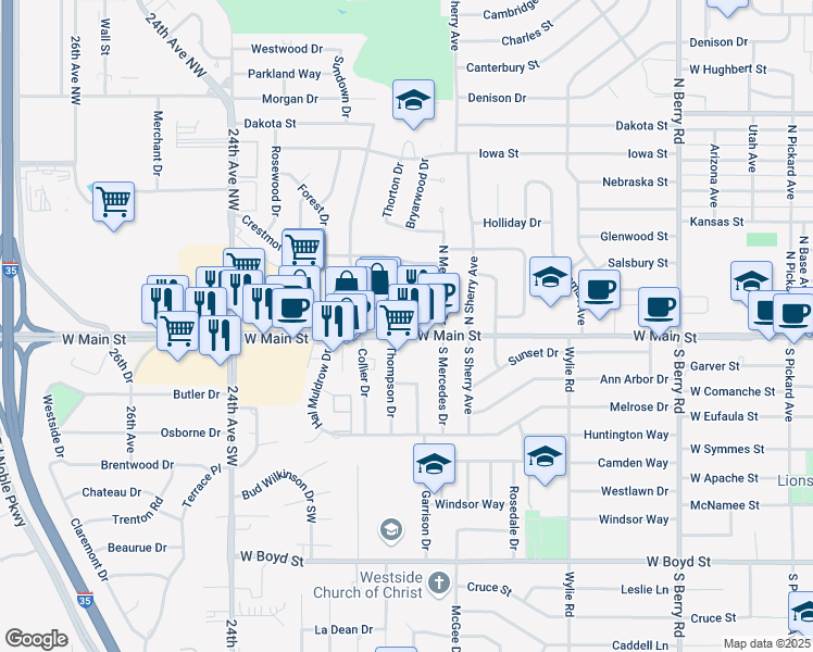 map of restaurants, bars, coffee shops, grocery stores, and more near 1901 West Main Street in Norman