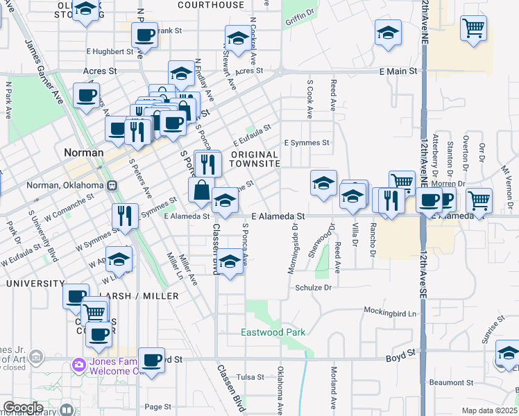 map of restaurants, bars, coffee shops, grocery stores, and more near 515 Alameda Street in Norman