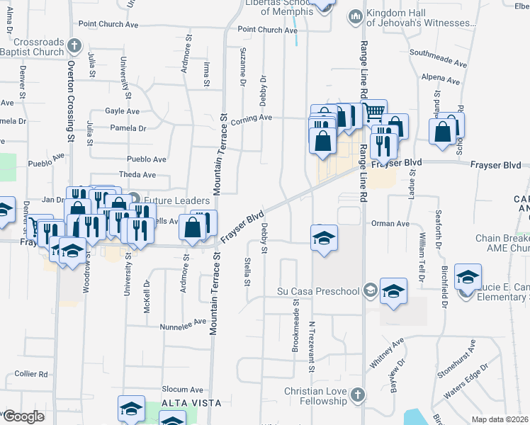 map of restaurants, bars, coffee shops, grocery stores, and more near 3522 Debby Street in Memphis