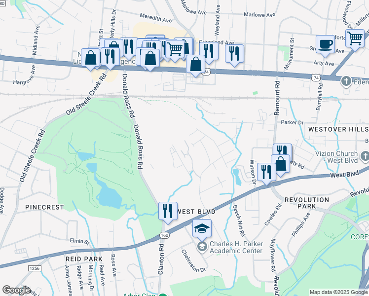 map of restaurants, bars, coffee shops, grocery stores, and more near 2425 Kingspark Drive in Charlotte