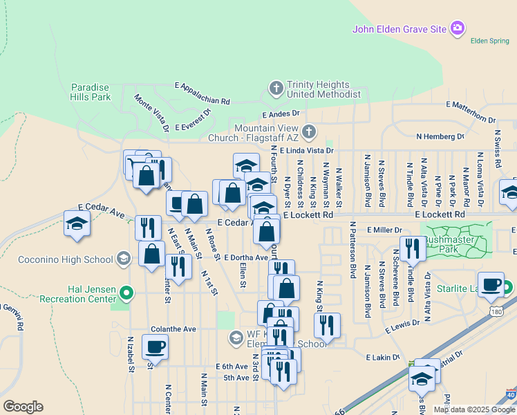 map of restaurants, bars, coffee shops, grocery stores, and more near 3223 North Fourth Street in Flagstaff