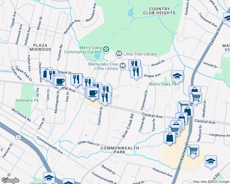 map of restaurants, bars, coffee shops, grocery stores, and more near 3115 Central Avenue in Charlotte