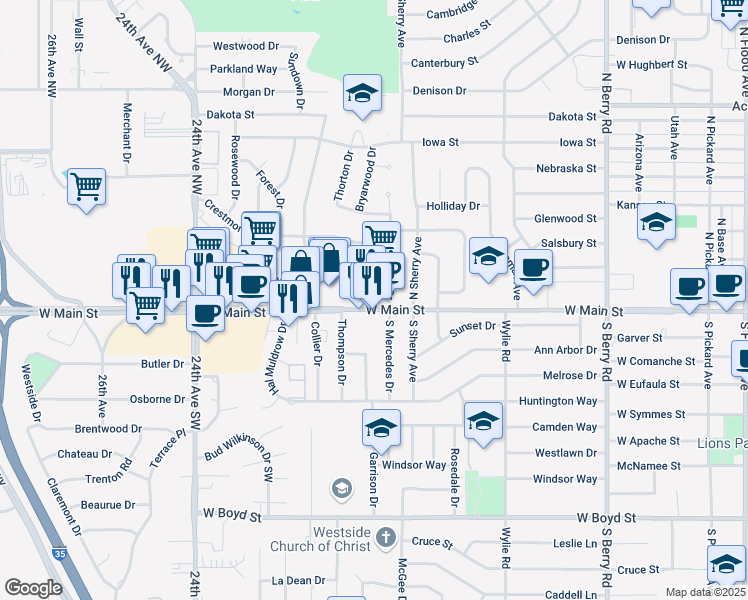 map of restaurants, bars, coffee shops, grocery stores, and more near 102 North Mercedes Drive in Norman