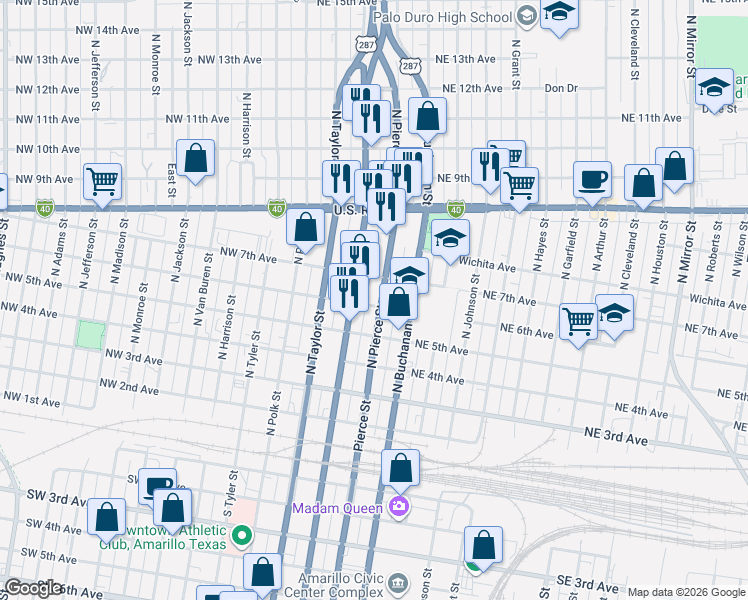 map of restaurants, bars, coffee shops, grocery stores, and more near 518 N Fillmore St in Amarillo