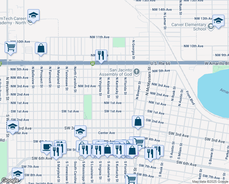 map of restaurants, bars, coffee shops, grocery stores, and more near 103 North Alabama Street in Amarillo