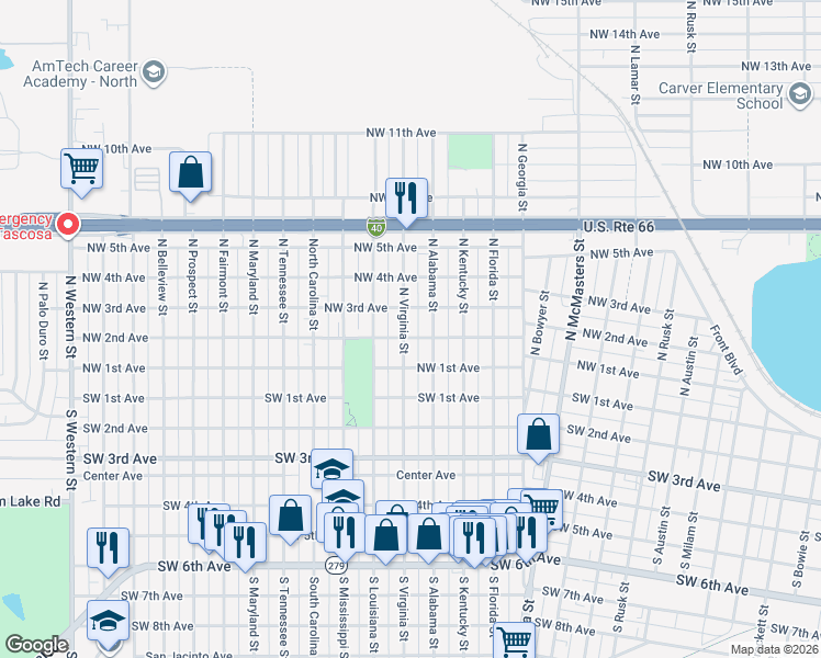 map of restaurants, bars, coffee shops, grocery stores, and more near 110 North Virginia Street in Amarillo