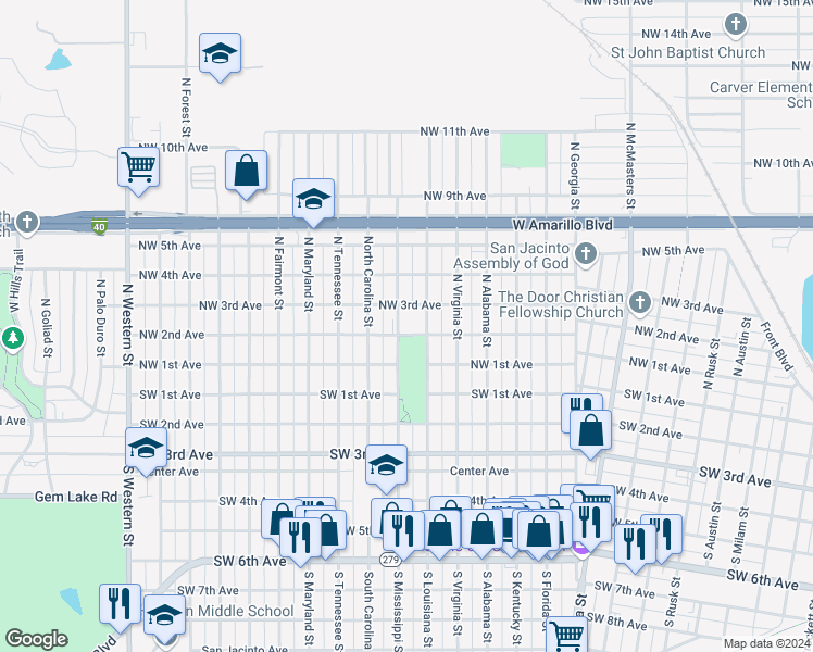 map of restaurants, bars, coffee shops, grocery stores, and more near 3200 Northwest 2nd Avenue in Amarillo