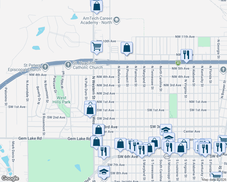 map of restaurants, bars, coffee shops, grocery stores, and more near 110 North Forest Street in Amarillo