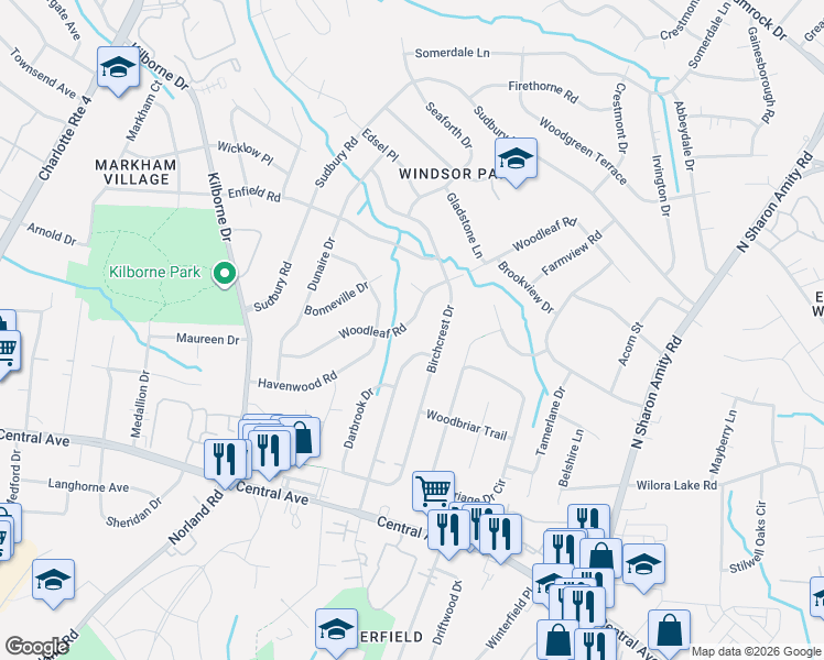 map of restaurants, bars, coffee shops, grocery stores, and more near 3518 Woodleaf Road in Charlotte