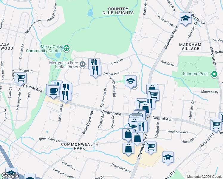 map of restaurants, bars, coffee shops, grocery stores, and more near 3400 Covington Oaks Drive in Charlotte