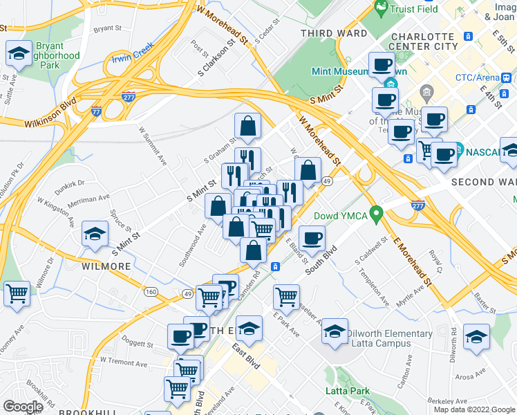 map of restaurants, bars, coffee shops, grocery stores, and more near 204 West Bland Street in Charlotte