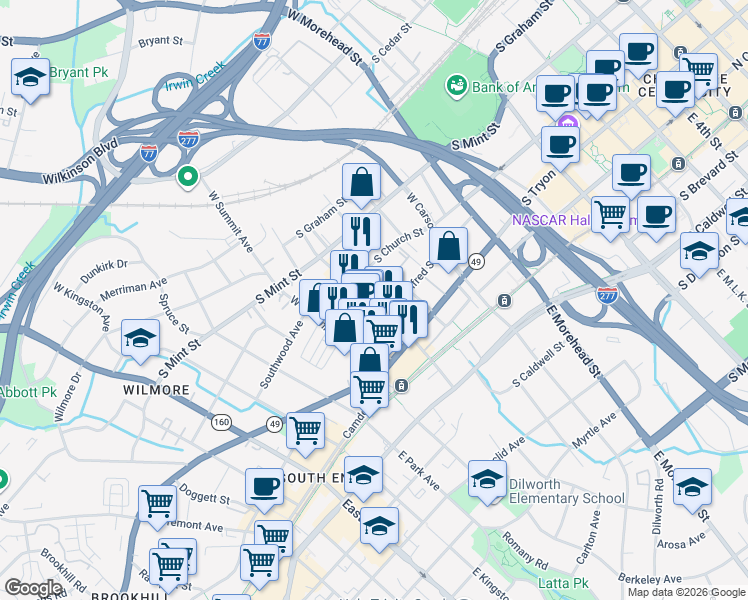 map of restaurants, bars, coffee shops, grocery stores, and more near 204 West Bland Street in Charlotte