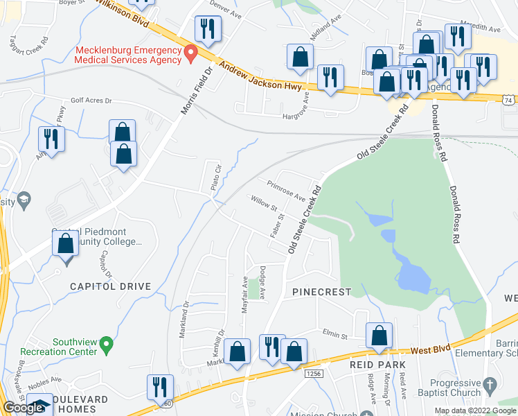 map of restaurants, bars, coffee shops, grocery stores, and more near 2821 Willow Street in Charlotte